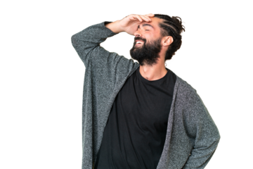 Young man with beard over isolated chroma key background smiling a lot