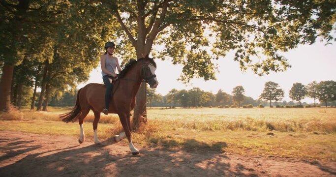 Full length image of a smiling teen girl peacefully riding a beautiful horse on a path under leafy trees alongside a sunlit field, Slow Motion