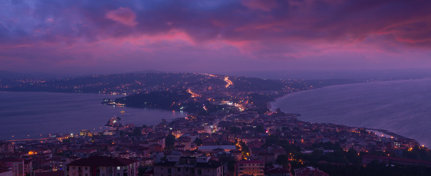 Twilight time Sinop. The appearance of the city center after dramatic sunset. Western Black Sea Region. Turkey 