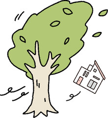 シンプルなタッチ　強風や台風で損害を受ける木と住宅のイラストレーション
