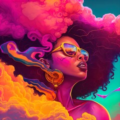 Stylish retrowave portrait of a beautiful black woman. 
