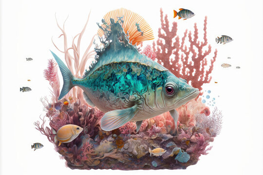 a picture of a lambis chiragra harpago on a white background with underwater creatures and seashells. Generative AI