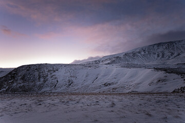 Iceland winter sunset landscape with snow in Múlaþing