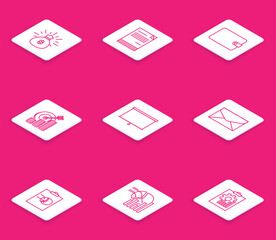 Set line Money bag, Document, Wallet, Target with coin symbol, Chalkboard, Envelope, Clipboard graph chart and Pie infographic icon. Vector