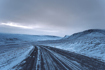 Iceland winter mountain road sunrise in Vopnafjarðarhreppur