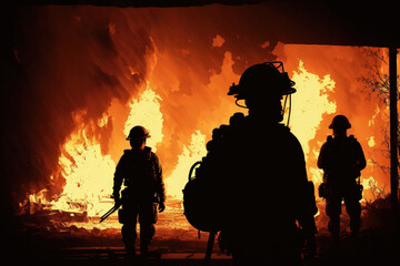 Firefighters in silhouette battling a roaring blaze with massive flames of burning wood. Generative AI