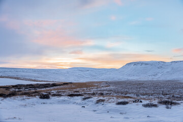 Iceland, Norðurþing,  Panorama winter sunrise