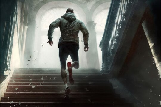 Guy climbing the stairs generative ai Athletic young man runs up the stairs illustration	