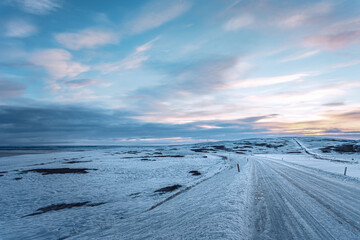 Iceland, Norðurþing, Winter panorama road sunset