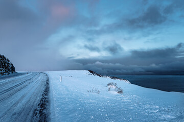 Iceland, Norðurþing, Winter panorama road sunset