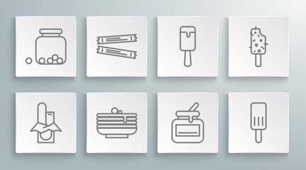 Fototapeta premium Set line Chocolate bar, Sugar stick packets, Stack of pancakes, Jar honey, Ice cream, and Glass jar with candies inside icon. Vector