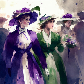 Suffragette Watercolour March Women's Rights Group Purple Green White Vintage Clothes Organised Rally Demonstration Abstract Generative AI Tools Technology illustration	