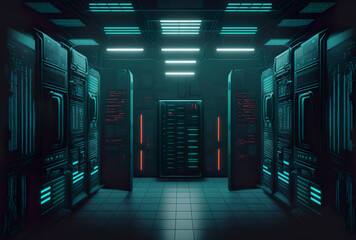 Server room. Supercomputer data center, image generated by artificial intelligence.