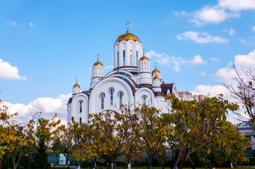 Voronezh, Russia, October 3, 2022: The Church of Blessed Xenia of St. Petersburg in autumn