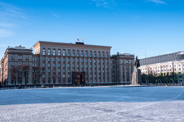 Voronezh, Russia, November 30, 2022: The government building of the Voronezh Region on Lenin Square after a snowfall in winter