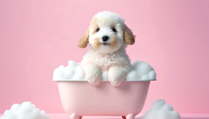 Cute puppy dog in bathtub , pets cleaning , Generative Ai