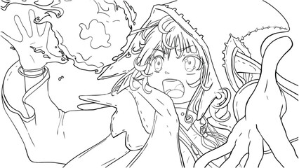 A cute young sorceress in a robe with a hood and elf ears is trying to hold the fireball with her hands in a panic, she screams doubting her abilities realizing that her life is at stake 2d anime art