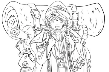 A cute anime girl traveler, she is a dwarf dwarf or a halfling with a huge unaffordable bag on her back on which every camping equipment is attached, she is dressed like a merchant. 2d linear art