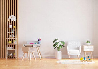 Chair and table in child room with copy space, 3D rendering