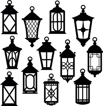 Vector set of vintage lamps. Vintage lamp silhouette. Lantern illustrations.