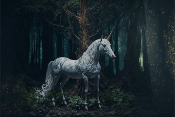 Obraz na płótnie Canvas white horse standing in the middle of a forest. generative ai.