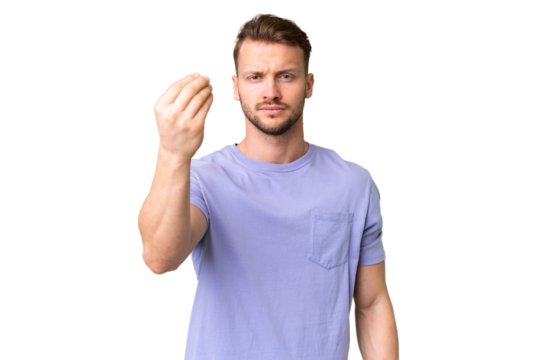 Young handsome caucasian man over isolated chroma key background making Italian gesture