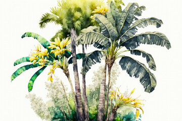 Green palm tree painted in watercolor and set against a white background. old fashioned banana trees tropical rainforest with flowers. Generative AI