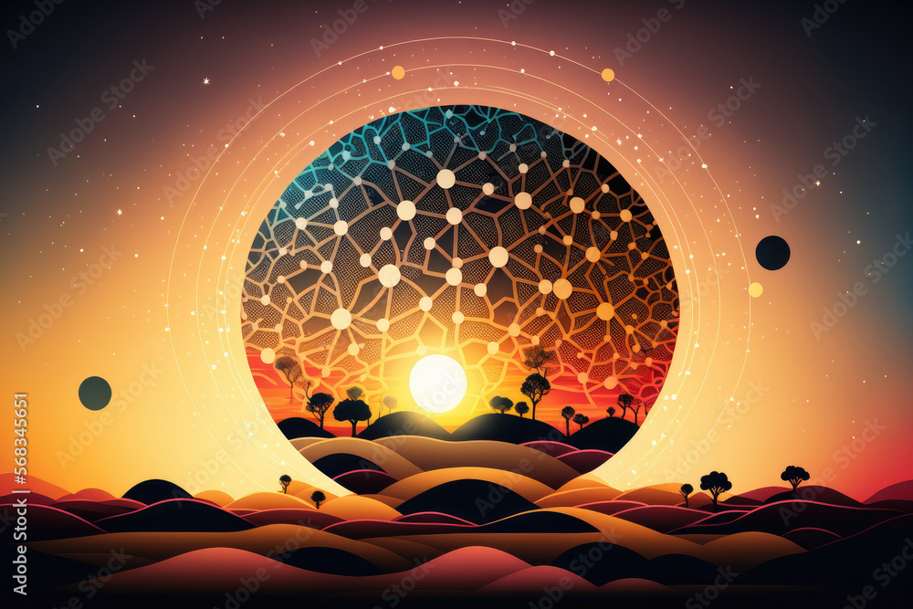 Poster circle global network connection in s in an abstract science scene against a sunset background. gene