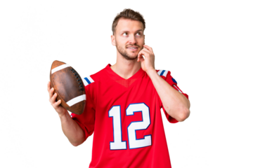 Young caucasian man playing rugby over isolated chroma key background thinking an idea while looking up