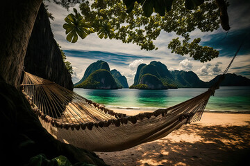 A beachside hammock with a view of the islands of the Bacuit Archipelago (El Nido, Philippines). Generative AI - obrazy, fototapety, plakaty