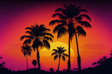 Obraz na płótnie Canvas Palm palms can be seen against a stunning sunset. Generative AI