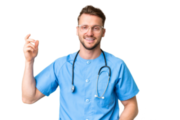 Young nurse man over isolated chroma key background making guitar gesture