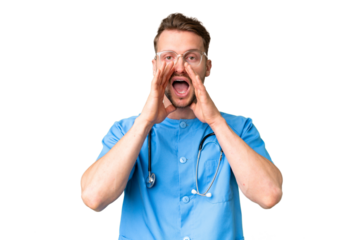 Young nurse man over isolated chroma key background shouting and announcing something