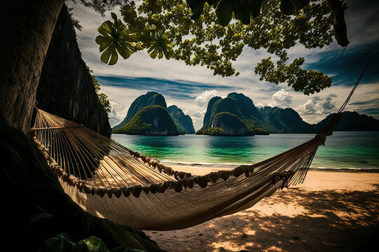 A beachside hammock with a view of the islands of the Bacuit Archipelago (El Nido, Philippines). Generative AI