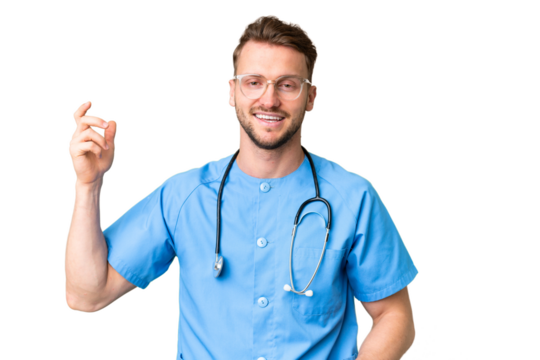 Young nurse man over isolated chroma key background making guitar gesture