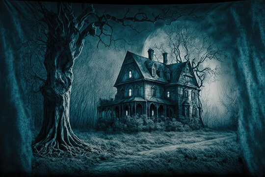 Halloween banner featuring a scary mansion. Old, deserted house in the bush at night. eerie colonial home amid a dark woodland. photo with blue toning. Generative AI