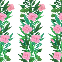 Fototapeten Tropische Blätter pattern floral ribbon of leaves and roses and buds  © Алена Дурыничева