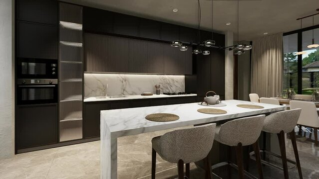 Dining room kitchen interior in luxury modern home. 3D animation.