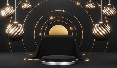 Stylish and contemporary 3D render black podium background perfect for any professional presentation, keynote or event. Its modern and sleek design adds sophistication to your product demo or show