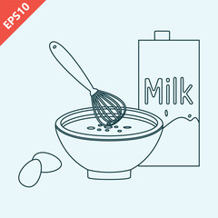 Hand drawn whisk the yolks in a bowl with the milk design flat vector illustration