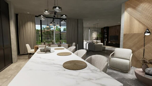 Interior design, kitchen interior and modern living room, and dining area, open space in a luxury modern house. 3D animation.