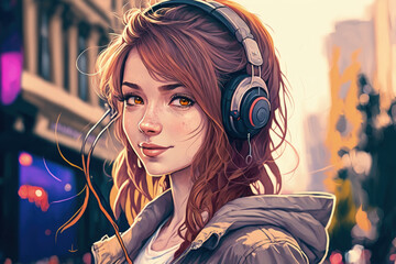 cute young woman wearing headphones. Stylish woman outside in a portrait. Generative AI