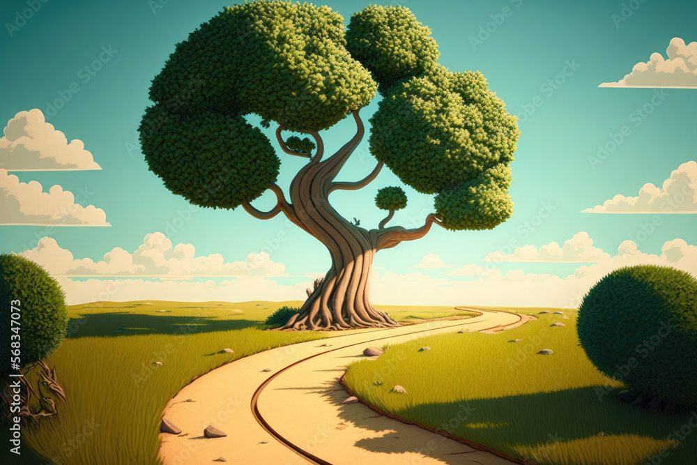 Poster a single tree with a path of clipping. generative ai