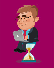 Businessman sitting on the hourglass with laptop