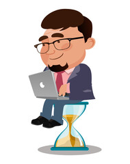 Businessman sitting on the hourglass with laptop