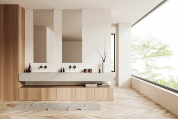 Front view on bright bathroom interior with double sink, mirrors