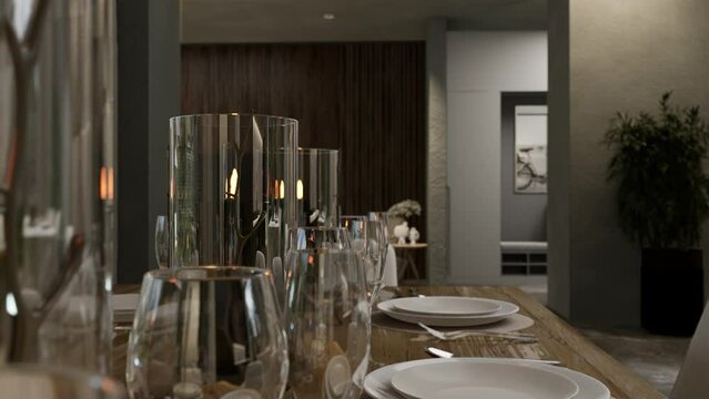 Dining room kitchen interior in luxury modern home. 3D animation.
