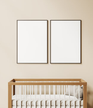 Light baby room interior with crib and mockup frames
