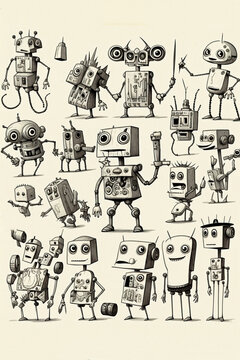 ink drawing of several funny robots - generative AI