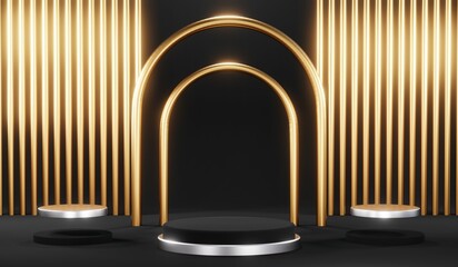 Stylish and contemporary 3D render black podium background perfect for any professional presentation, keynote or event. Its modern and sleek design adds sophistication to your product demo or show